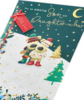 Christmas Greeting Card for Son and Daughter in Law with Boofle Dogs in Wellies Snowscene Design